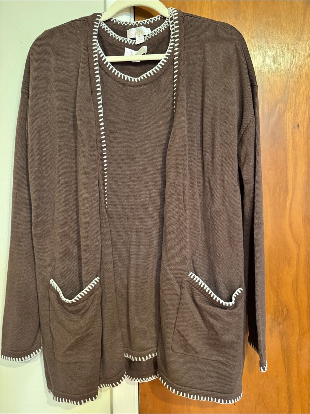 Belle by Kim Gravel Brown Cardigan and Top Set with White Contrast Trim